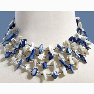 Vintage Mother of Pearl Necklace Blue Shell 4 Strand Beaded Layered Choker Japan